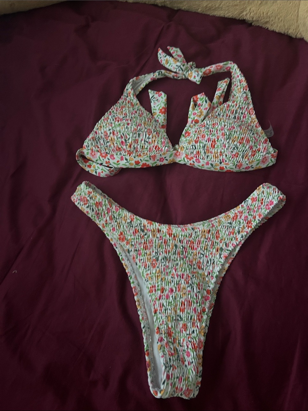 Smocked Floral Halter Bikini Set - White with Pink & Green